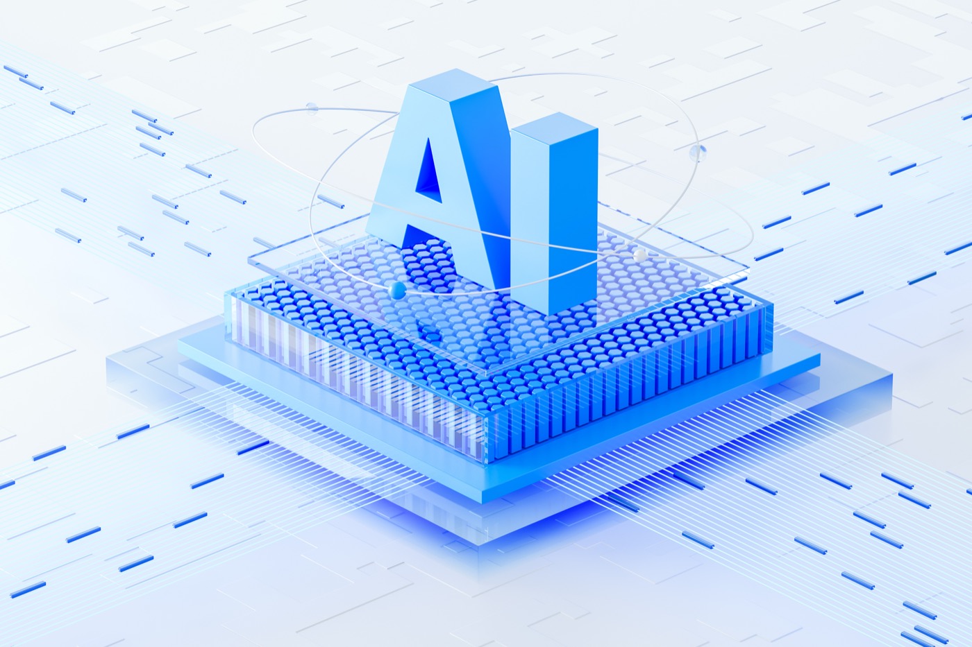 AI compute — a 3D 'AI' chip rising from a processor platform